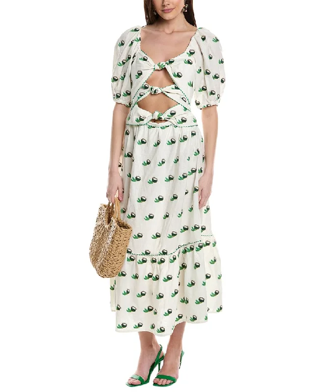 FARM Rio Cross Stitch Coconut Embroidered Linen-Blend Midi Dress