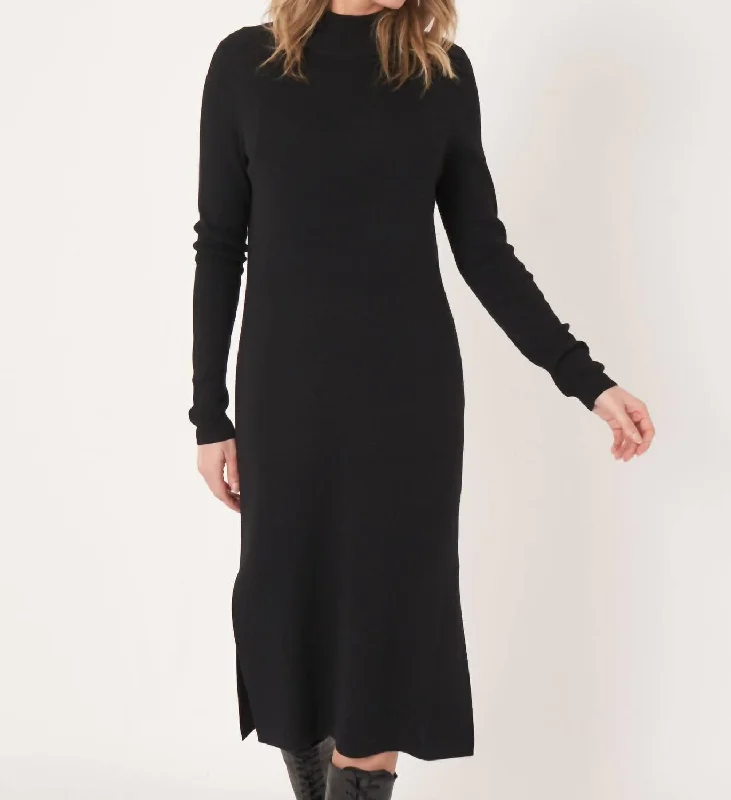 Long Sleeve Wool Blend Mock Neck Sweater Dress In Black