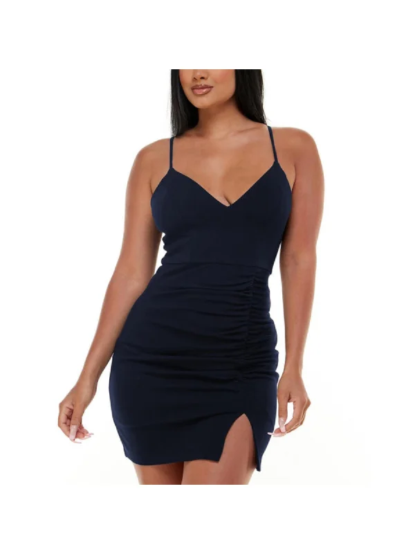 Can't Be Beat EMERALD SUNDAE Womens Ruched Spaghetti Strap V Neck Mini Party Body Con Dress