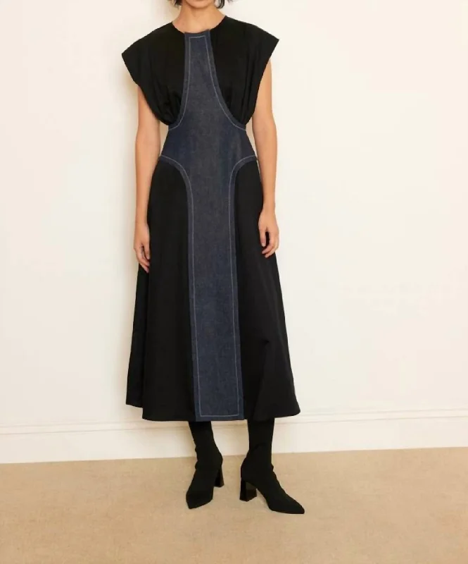 Cap Sleeve Denim Panel Dress In Black