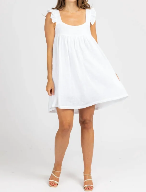 Linen Ruffle Strap Mini Dress In Optic White