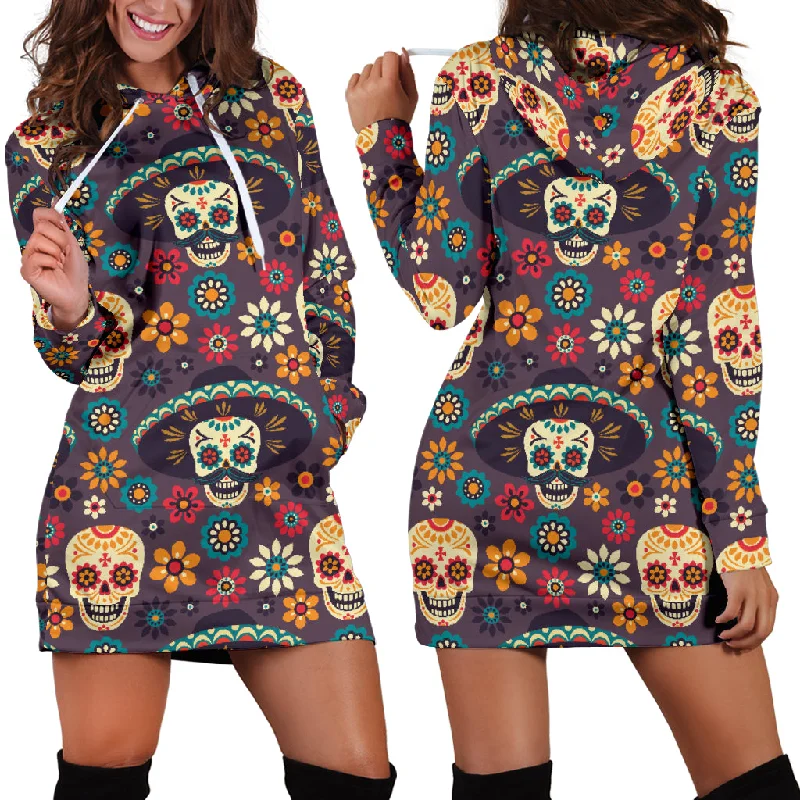 Sugar Skulls Flower Maxican Pattern Women'S Hoodie Dress