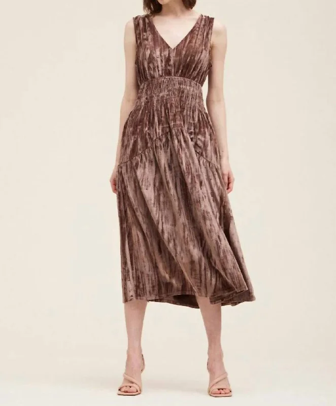 Smocked Waist Velvet Dress In Bark