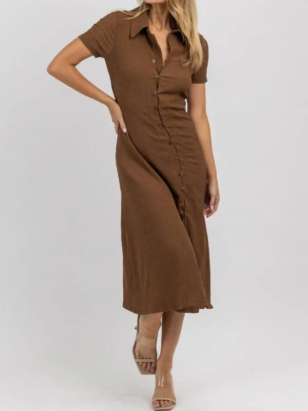 Asymmetrical Button Midi Dress In Brown