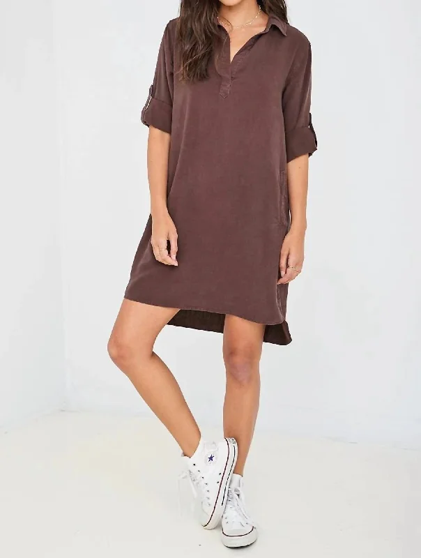 Long Sleeve A-Line Shirt Dress In Coffee Bean