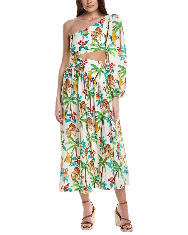 FARM Rio Tropical Paradise One-Shoulder Linen-Blend Midi Dress