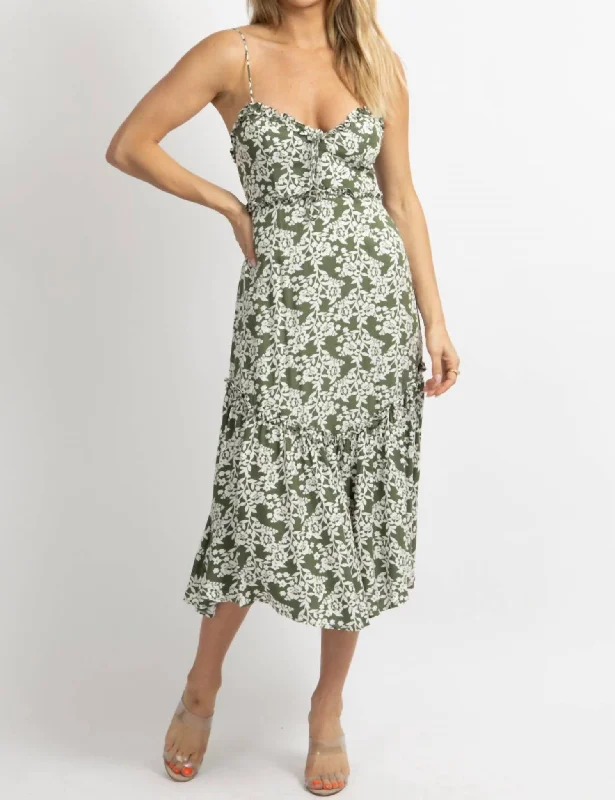 Floral Print Midi Dress In Forest Green