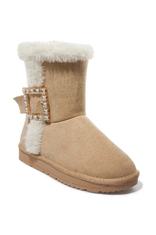 Closeout Sale Embellished Buckle Fur Bootie Tan