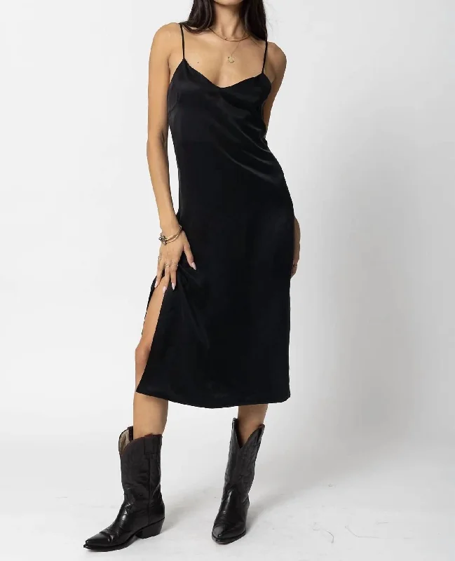 Silky Slip Midi Dress In Black