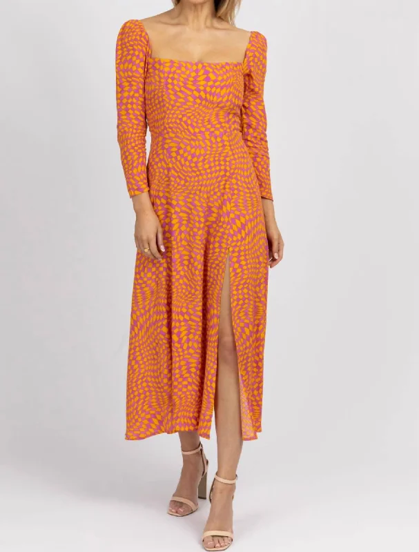 Checked Squareneck Midi Dress In Orange