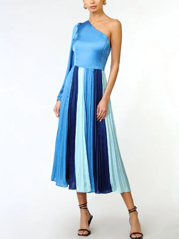 Cher One Shoulder Colorblock Midi Dress In Blue