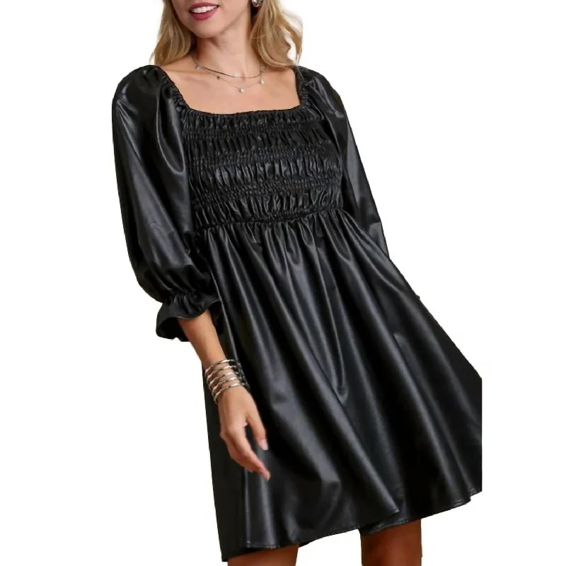 Faux Leather Balloon-Sleeve Mini Dress In Black