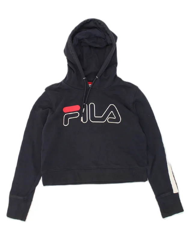 FILA Womens Crop Graphic Hoodie Jumper UK 10 Small Black Cotton