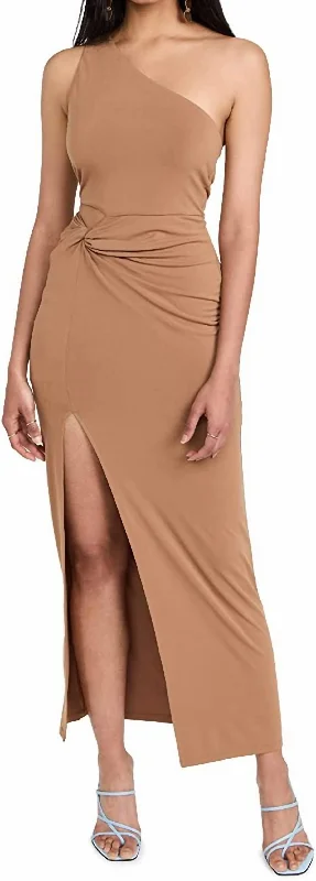 Ashby Front Twist Hip Cutout Midi Dress In Camel Tan