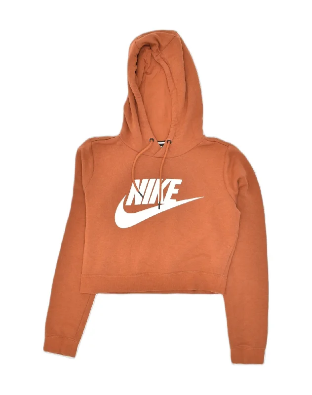 NIKE Womens Graphic Crop Hoodie Jumper UK 6 XS Brown Cotton