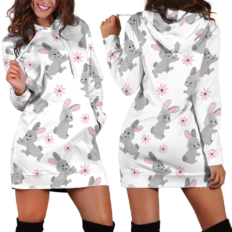 Watercolor Cute Rabbit Pattern Women'S Hoodie Dress