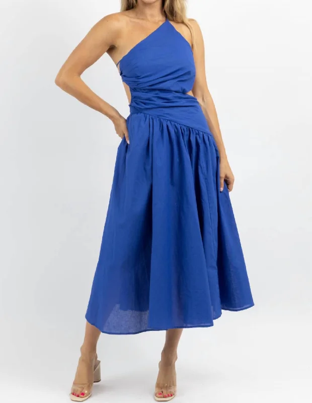 Asymmetric Ruche Midi Dress In Deep Waters