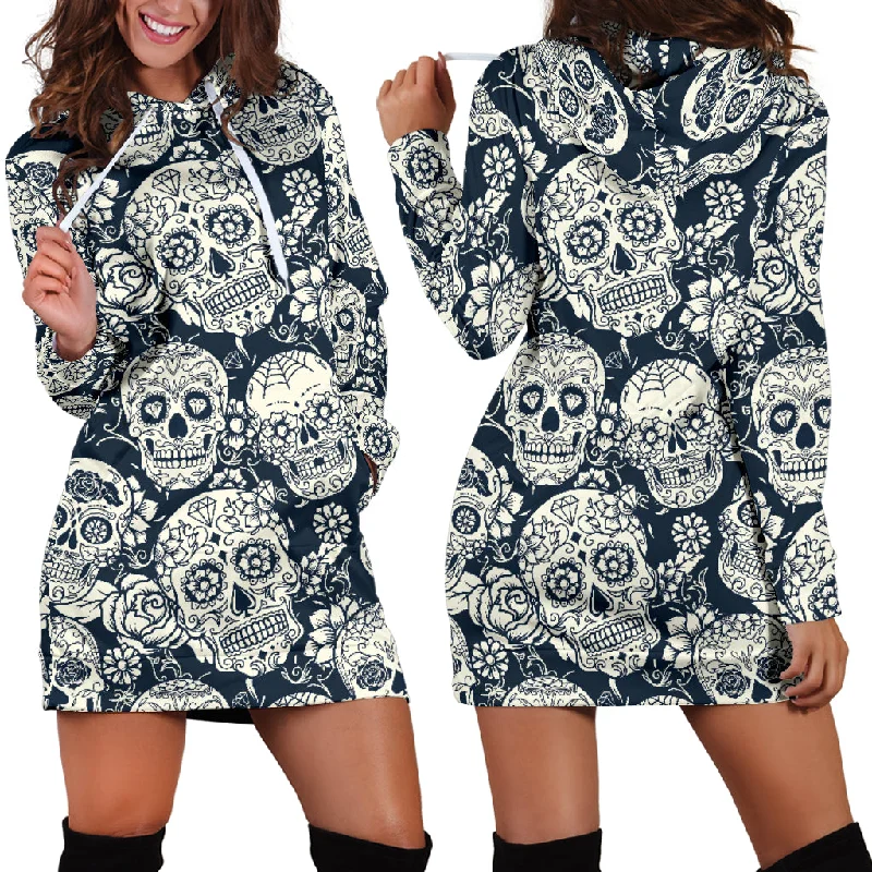 Sugar Skull Black White Pattern Women'S Hoodie Dress