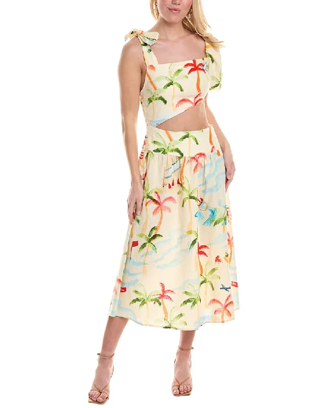 FARM Rio Copacabana Linen-Blend Cutout Midi Dress