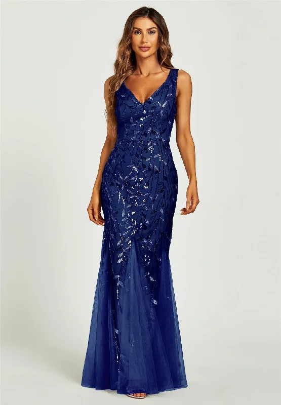 Great Deals Sequin Leaf Detailed V Neck Bridesmaid Maxi Dress In Navy