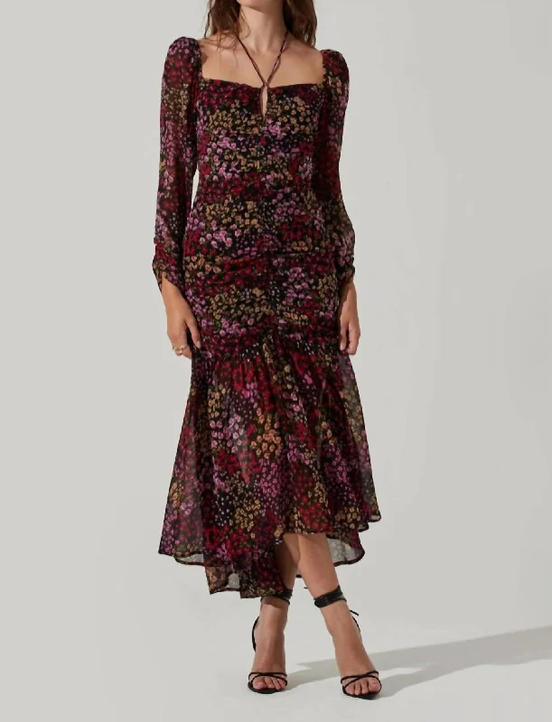 Athena Floral Ruched Long Sleeve Midi Dress In Brown Purple Ditsy