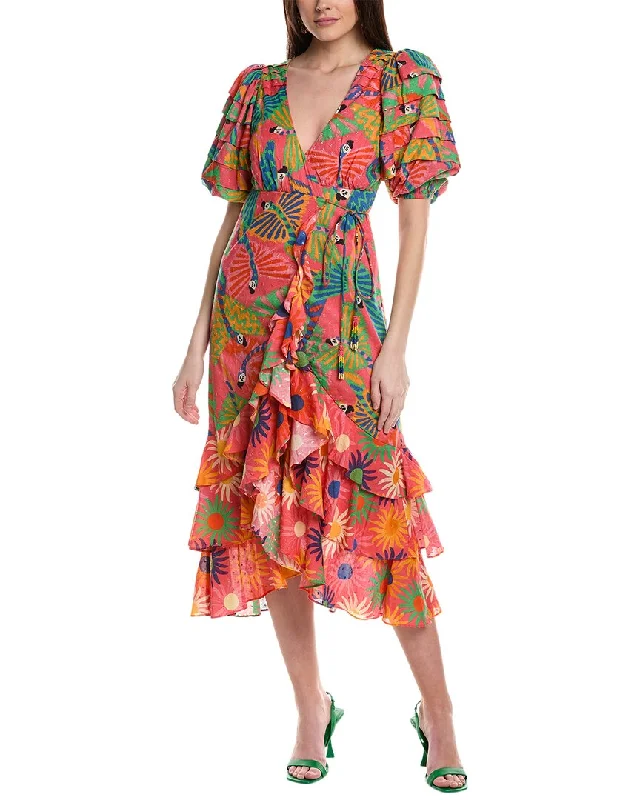 FARM Rio Graphic Macaws Mixed Midi Dress