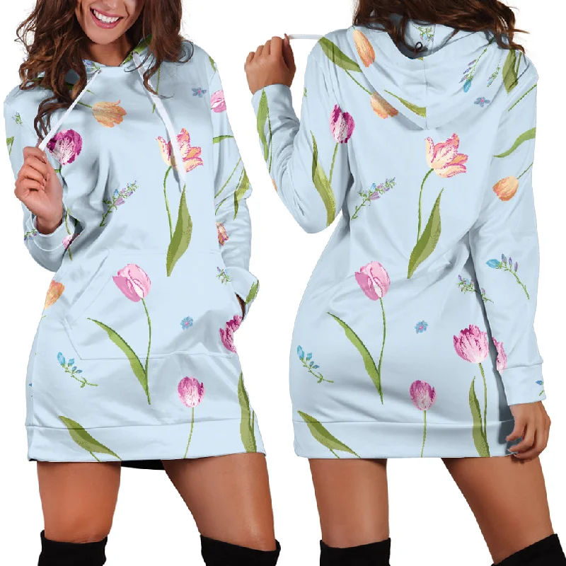 Watercolor Tulips Pattern Women'S Hoodie Dress