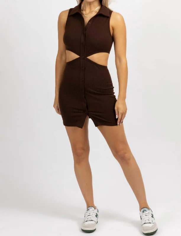 Collared Cutout Mini Dress In Chocolate