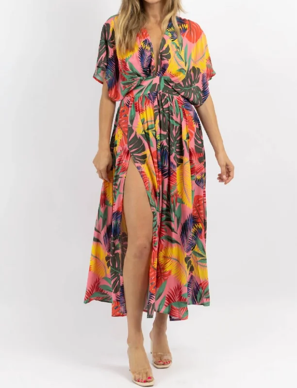 Tropics Side Slit Maxi Dress In Pink Multi