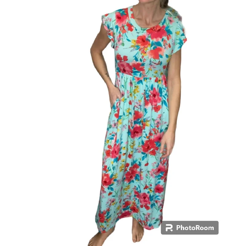 Floral Fit And Flare Maxi With Side Pockets In Aqua Floral