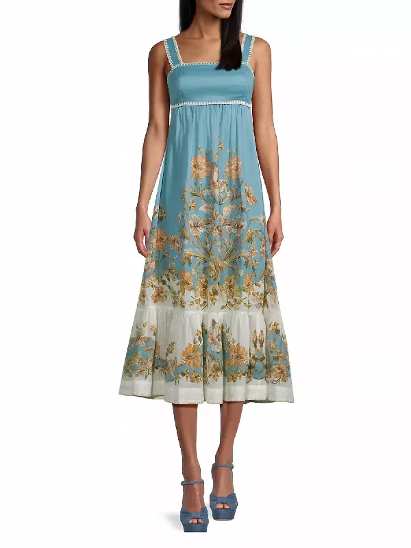 Chintz Tiered Midi Dress In Blue Daisy Floral